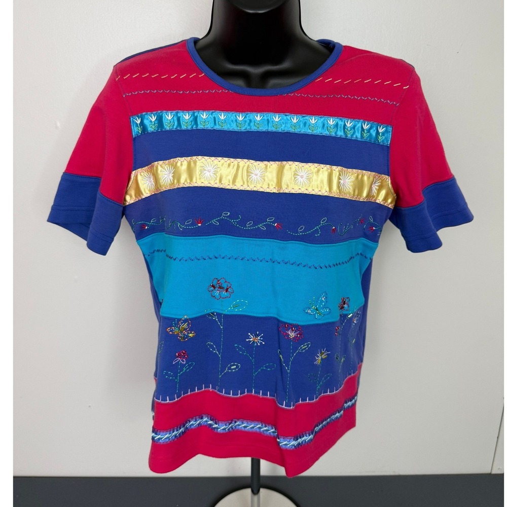 Napa Valley Top Womens S Petites Blue Pink Embroidered Floral Ribbon Trim